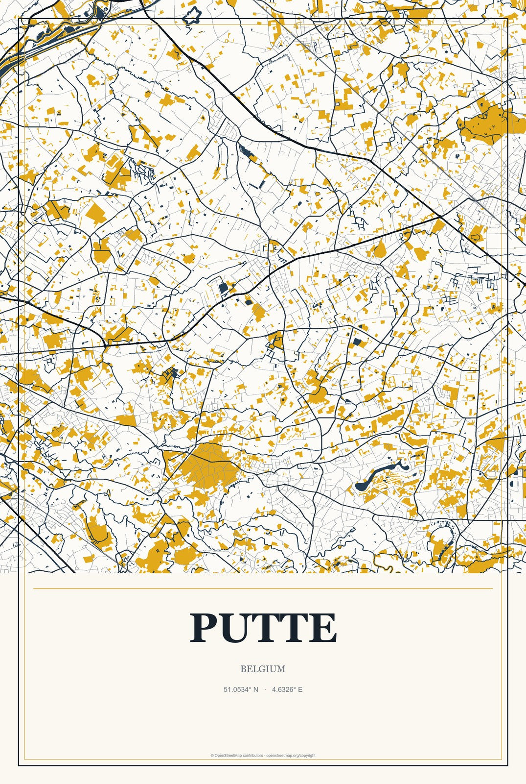 Putte, Belgium City Map Aluminum Sign in Citrine Modern style