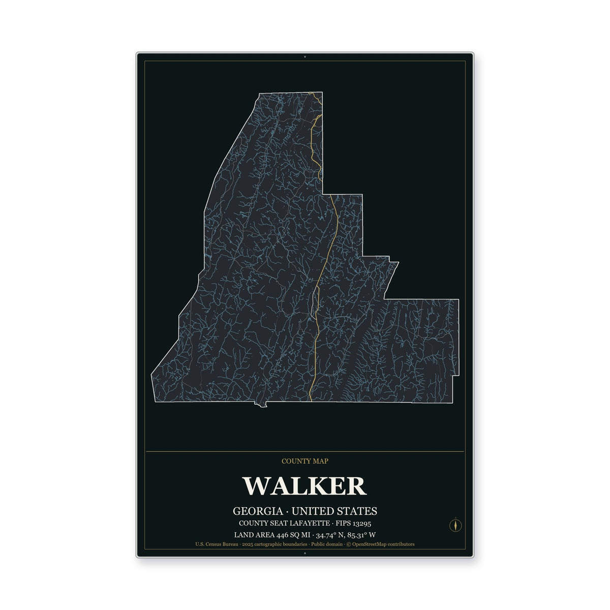 Walker County, Georgia Map Aluminum Sign in Metropolitan Noir style