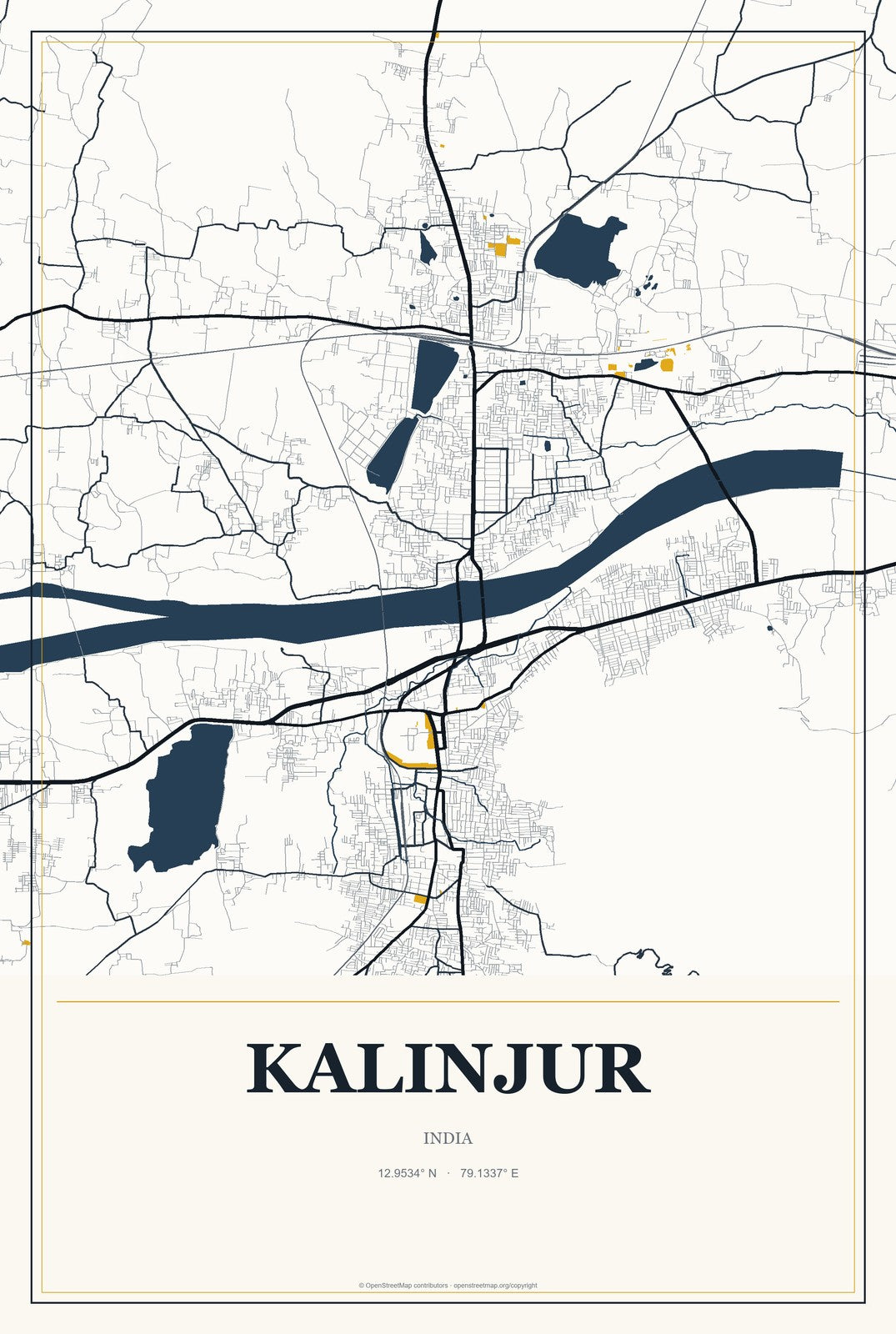 Kalinjur, India City Map Aluminum Sign in Citrine Modern style