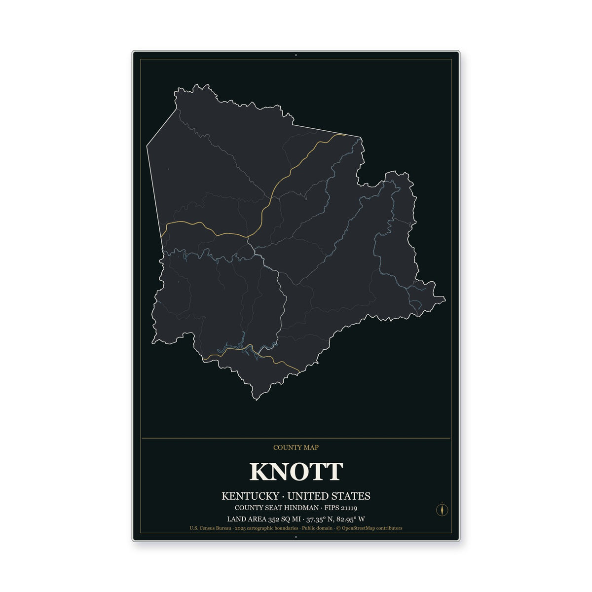 Knott County, Kentucky Map Aluminum Sign in Metropolitan Noir style
