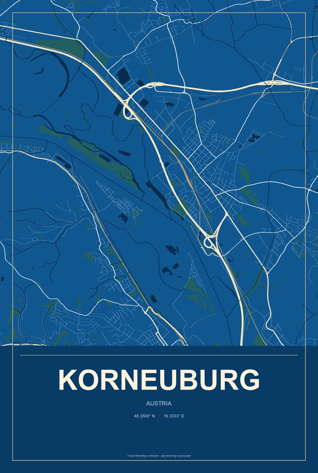 Korneuburg, Austria City Map Aluminum Sign in Harbor Cobalt style