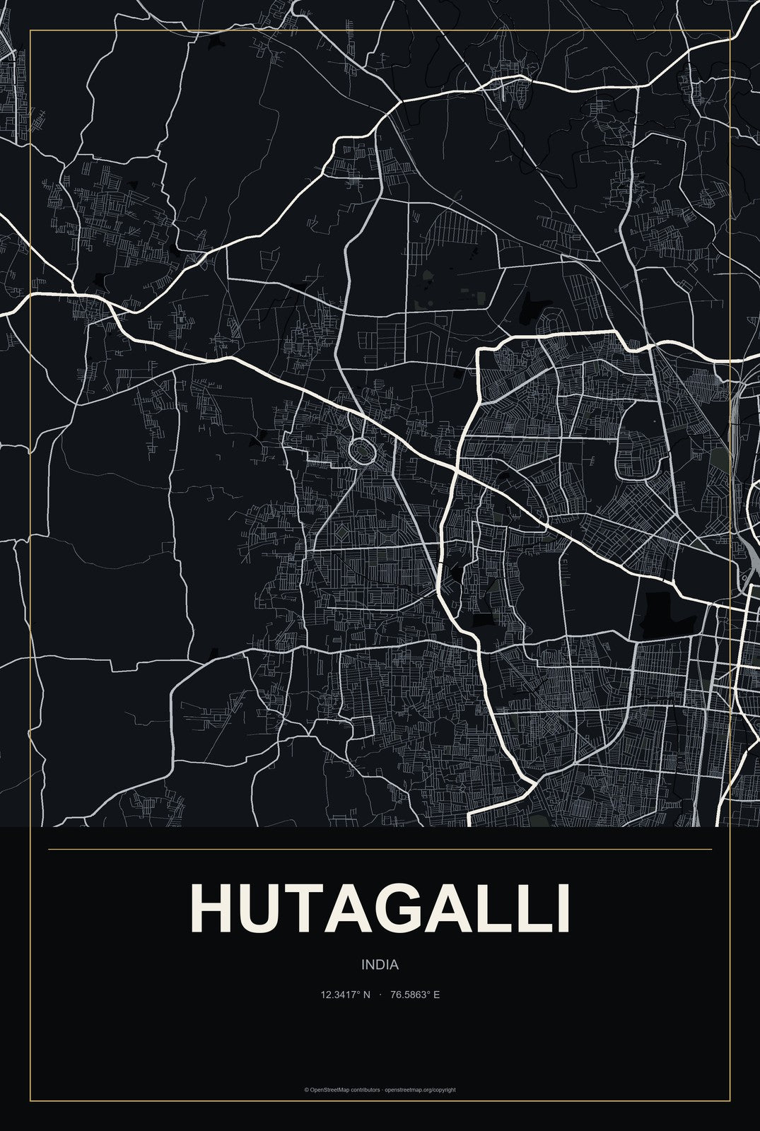 Hutagalli, India City Map Aluminum Sign in Metropolitan Noir style