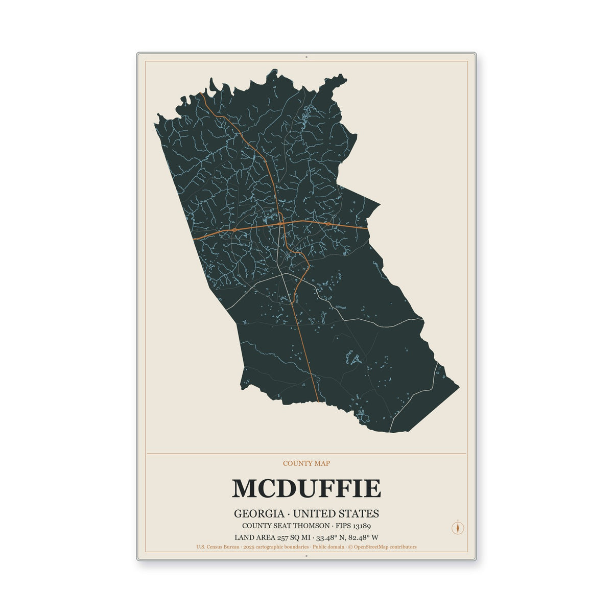 McDuffie County, Georgia Map Aluminum Sign in Headline Atlas style