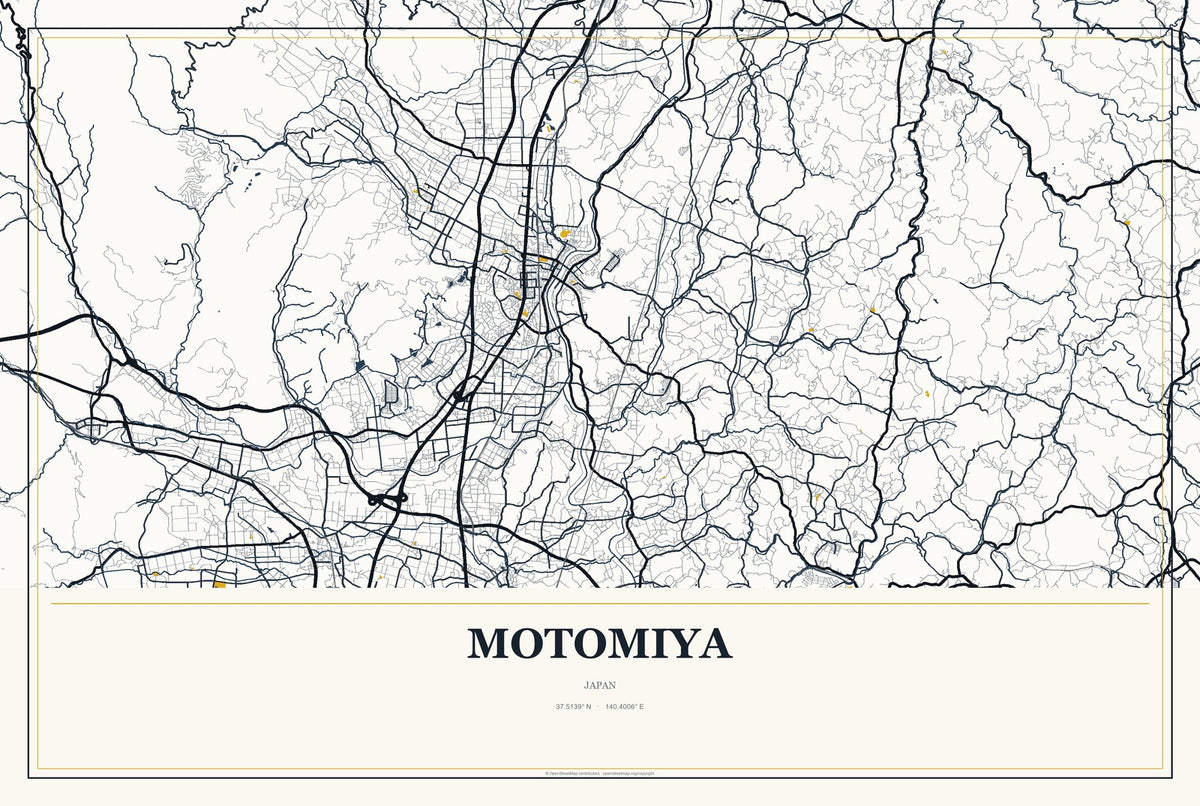 Motomiya, Japan City Map Aluminum Sign in Citrine Modern style