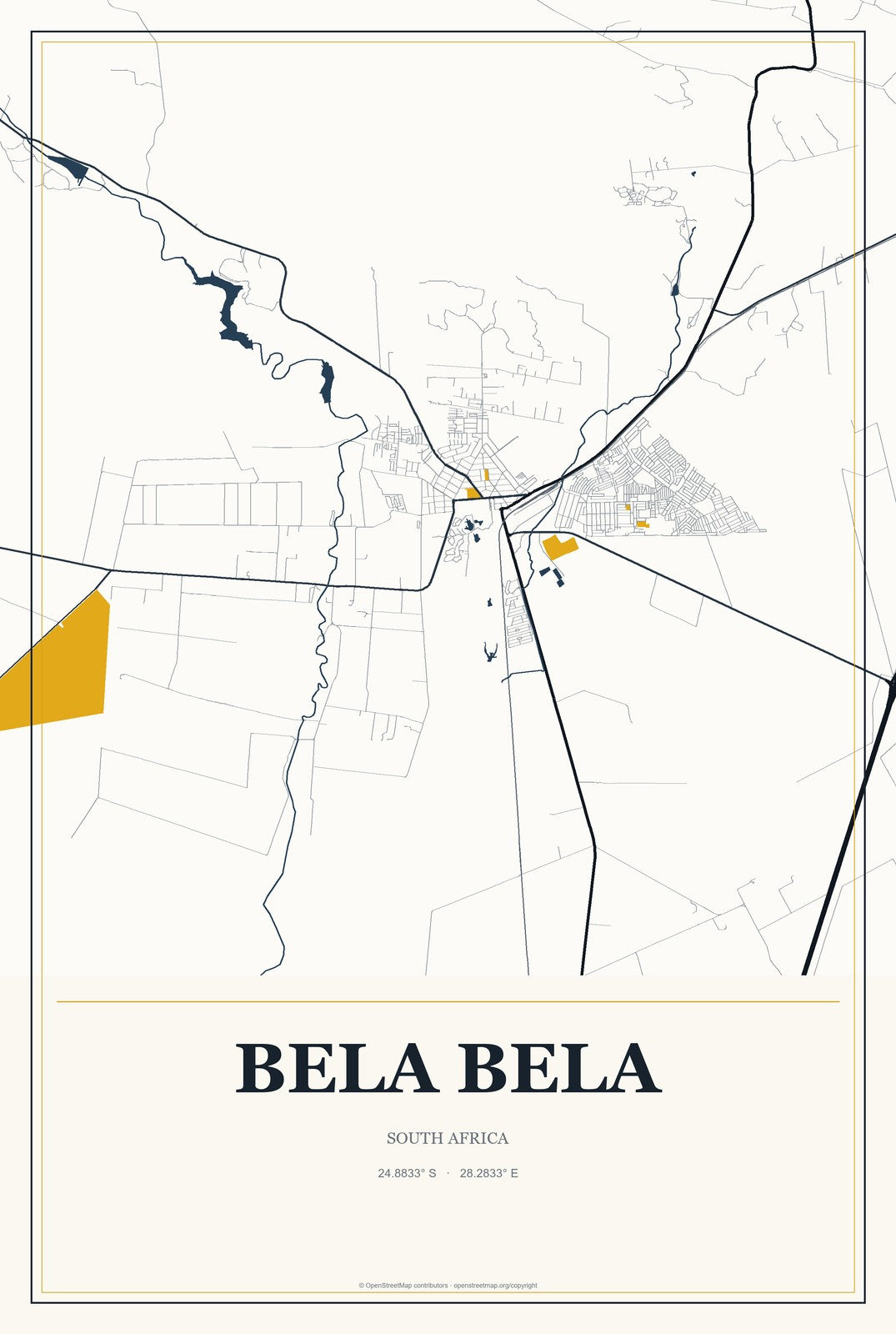 Bela Bela, South Africa City Map Aluminum Sign in Citrine Modern style