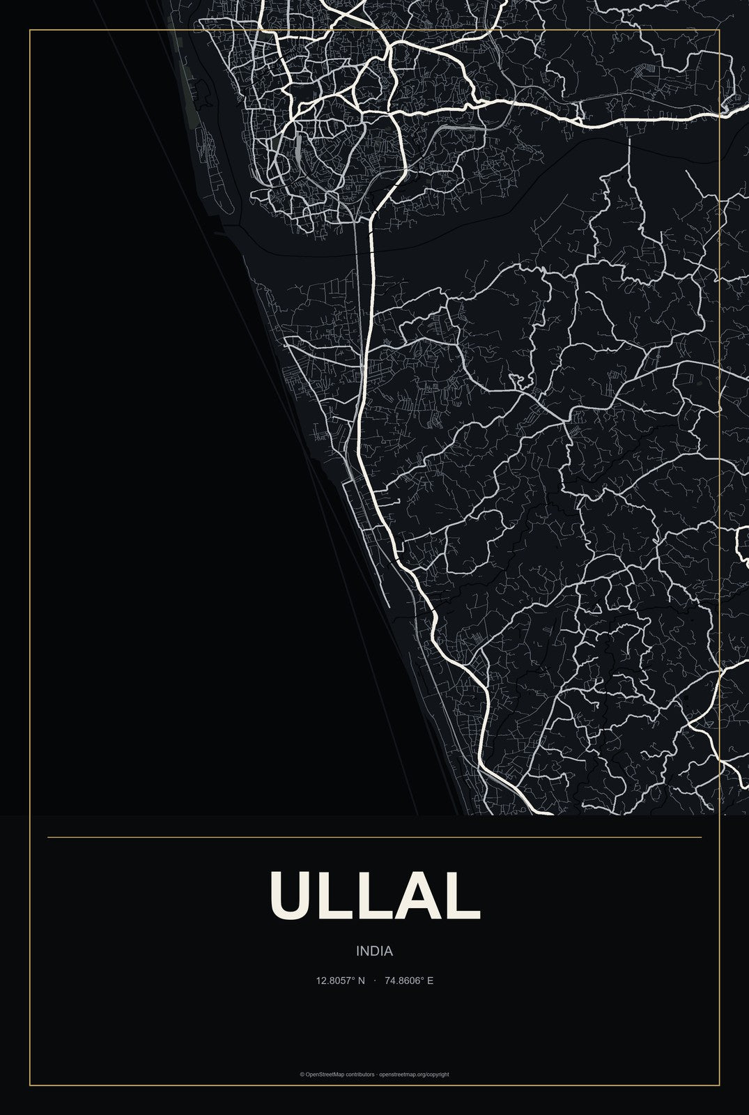 Ullal, India City Map Aluminum Sign in Metropolitan Noir style