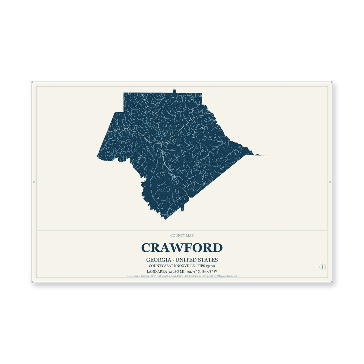 Crawford County, Georgia Map Aluminum Sign in Coastal Cutout style