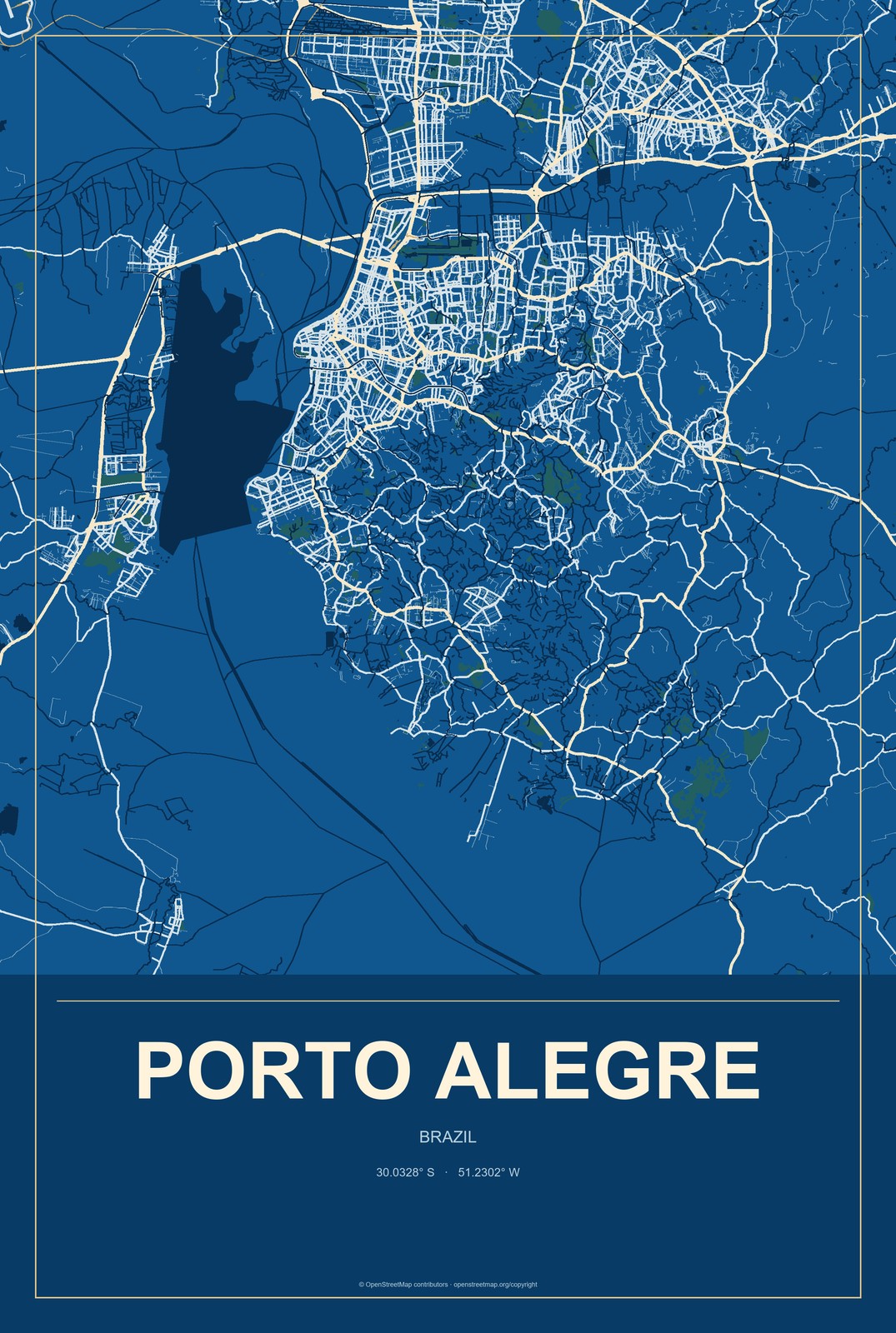Porto Alegre, Brazil City Map Aluminum Sign in Harbor Cobalt style