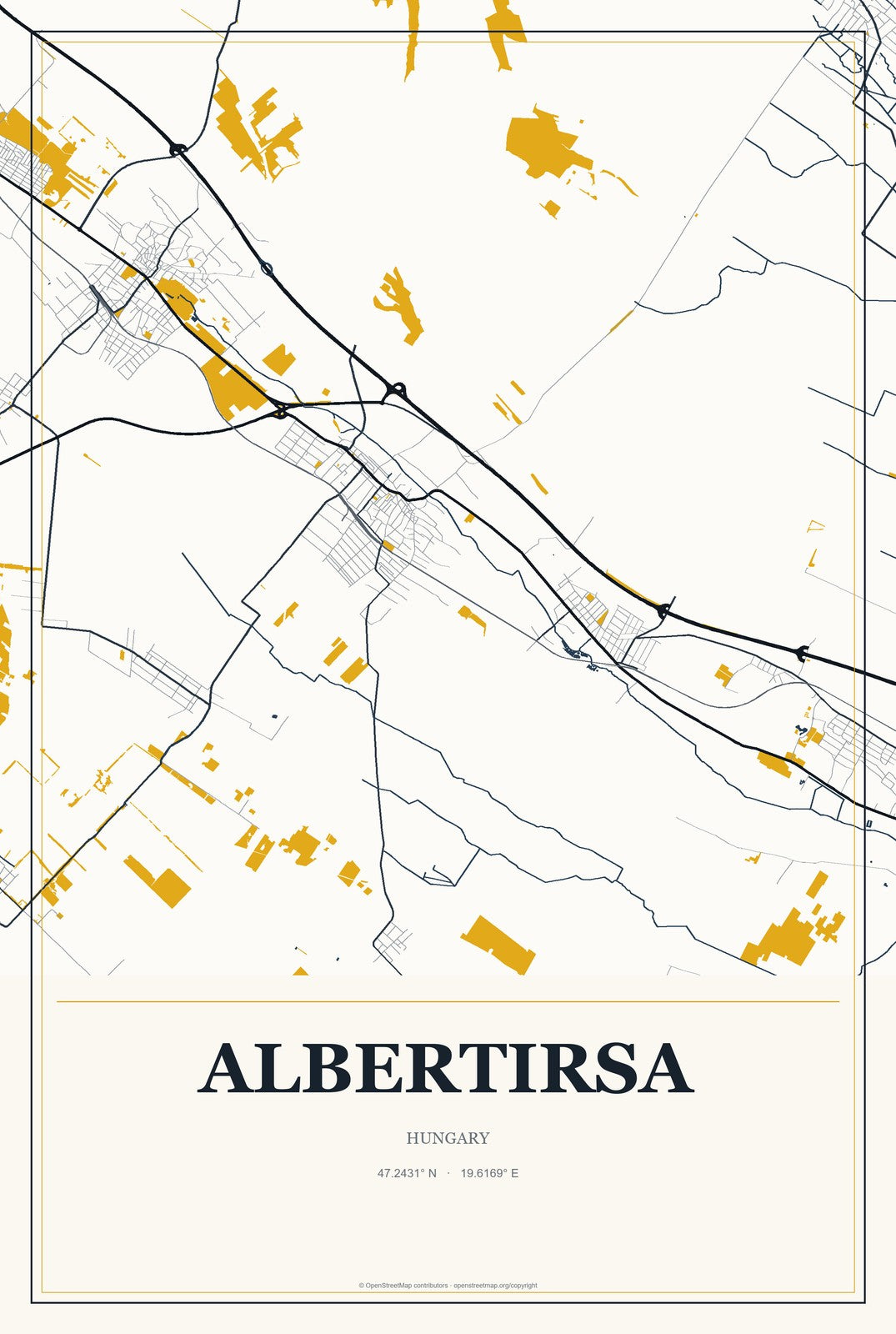 Albertirsa, Hungary City Map Aluminum Sign in Citrine Modern style