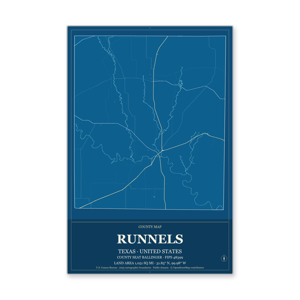 Runnels County, Texas Map Aluminum Sign in Harbor Cobalt style