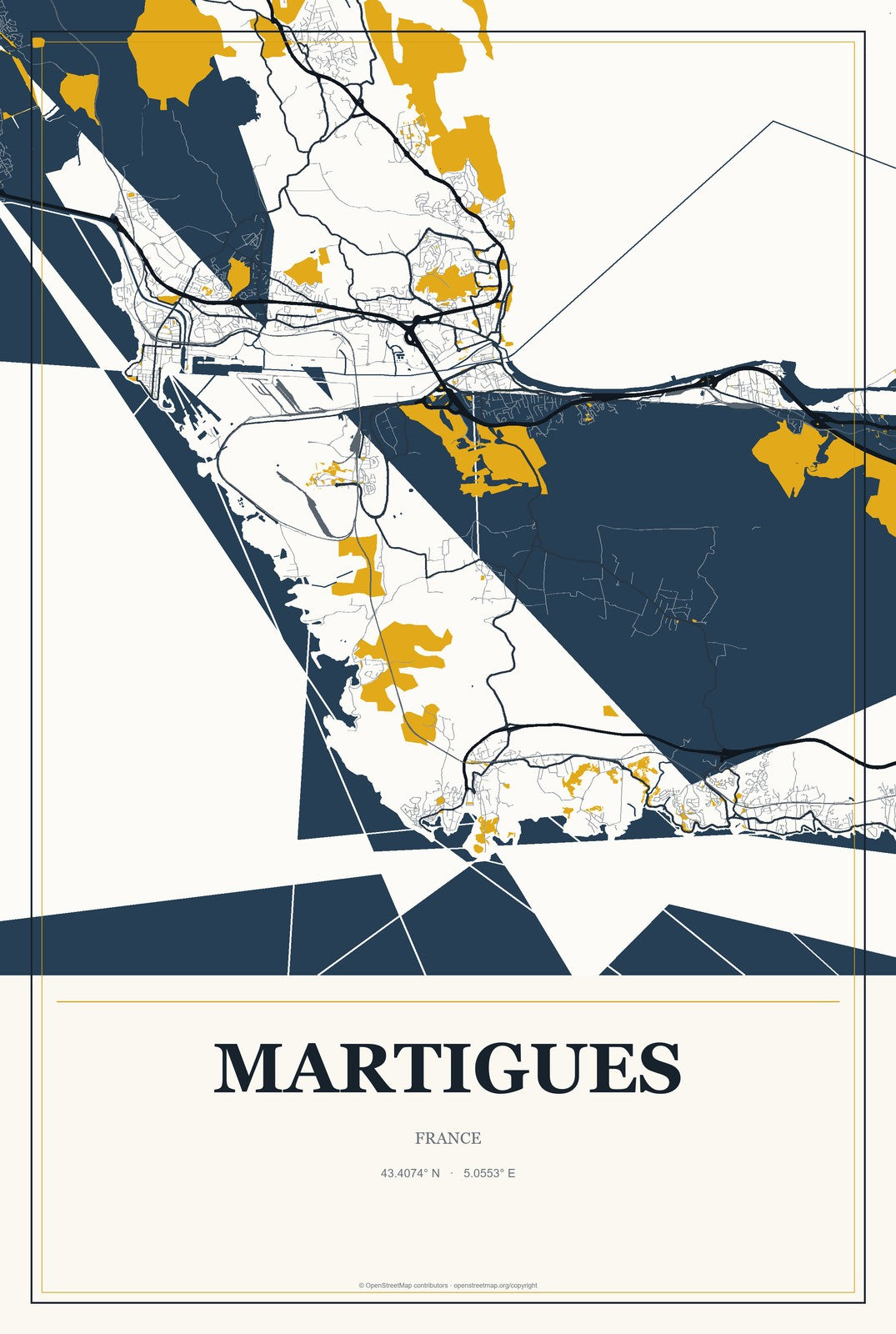 Martigues, France City Map Aluminum Sign in Citrine Modern style