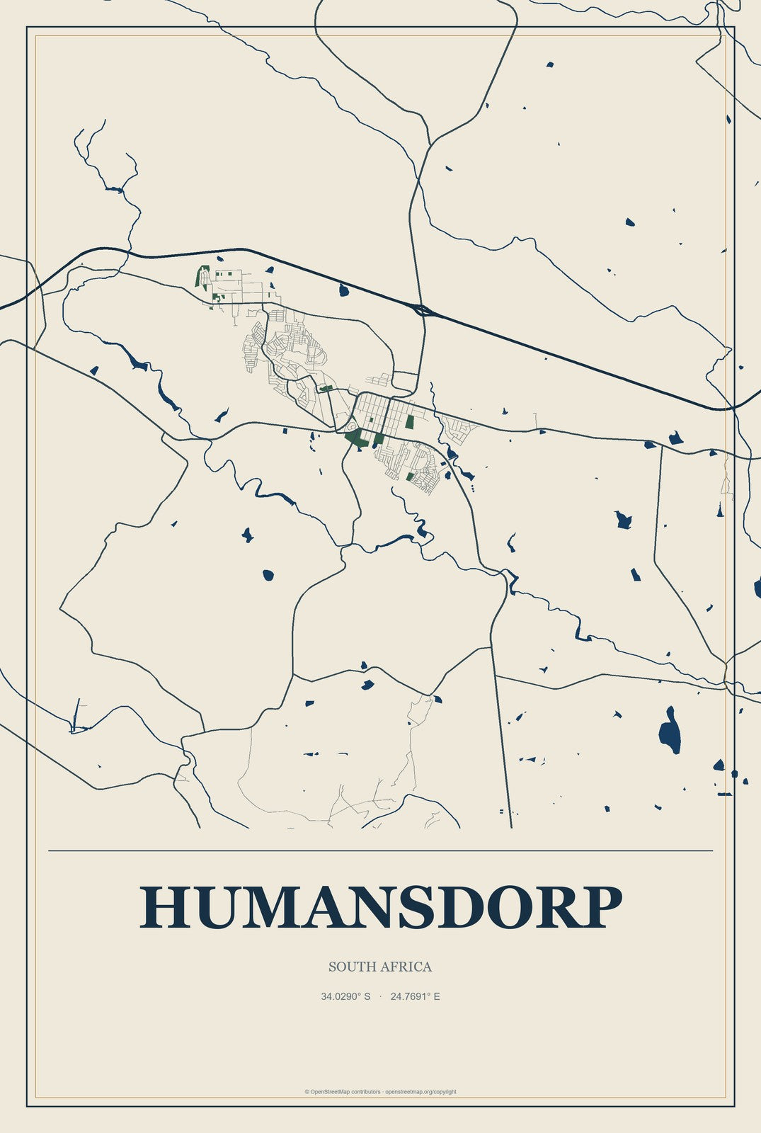 Humansdorp, South Africa City Map Aluminum Sign in Coastal Cutout style