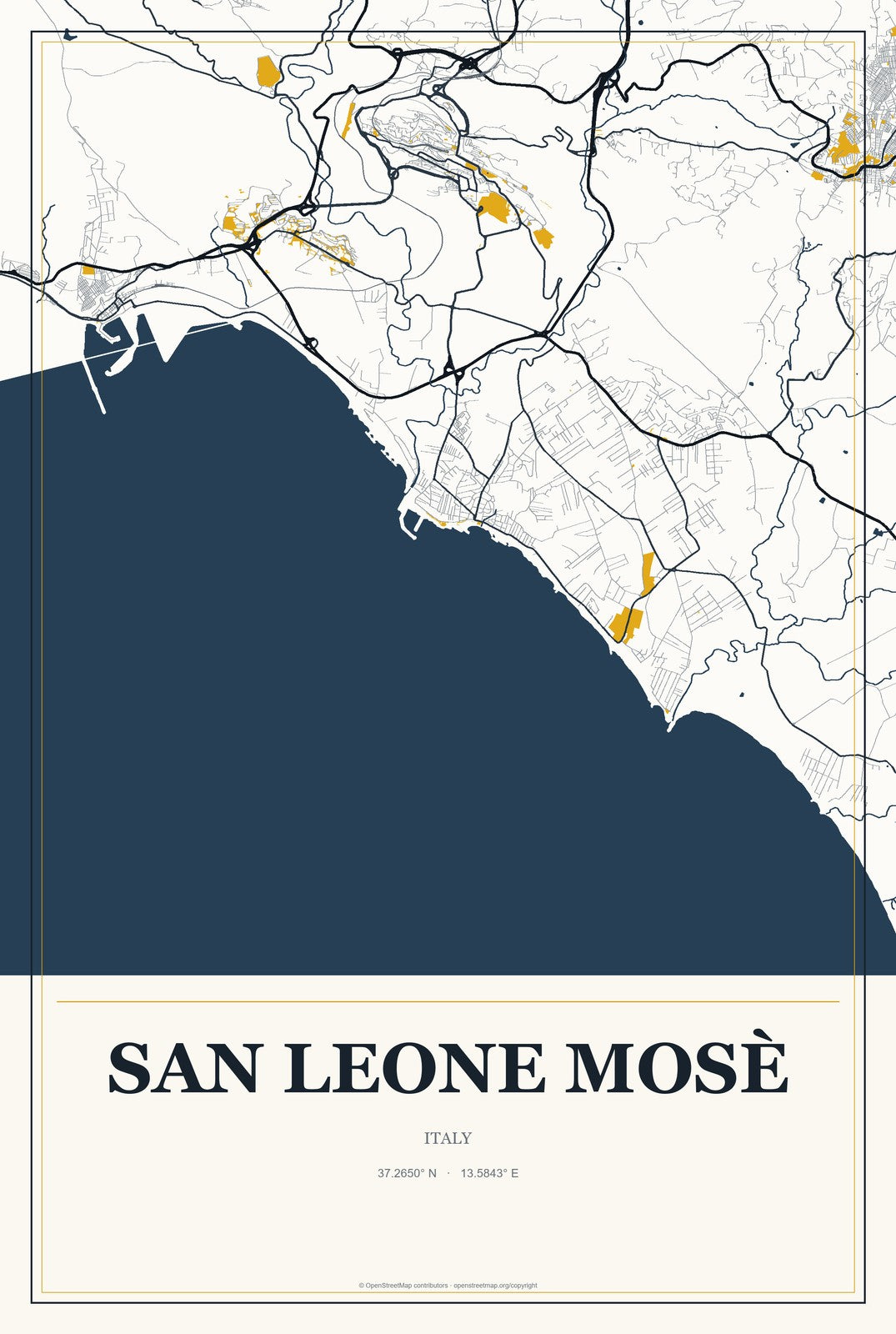 San Leone Mosè, Italy City Map Aluminum Sign in Citrine Modern style