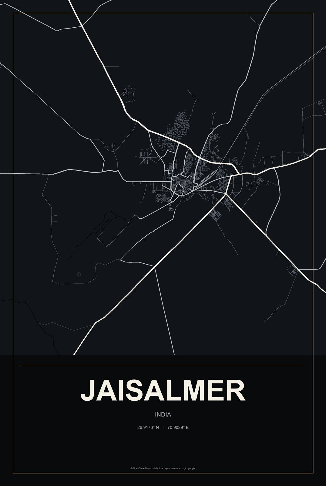 Jaisalmer, India City Map Aluminum Sign in Metropolitan Noir style