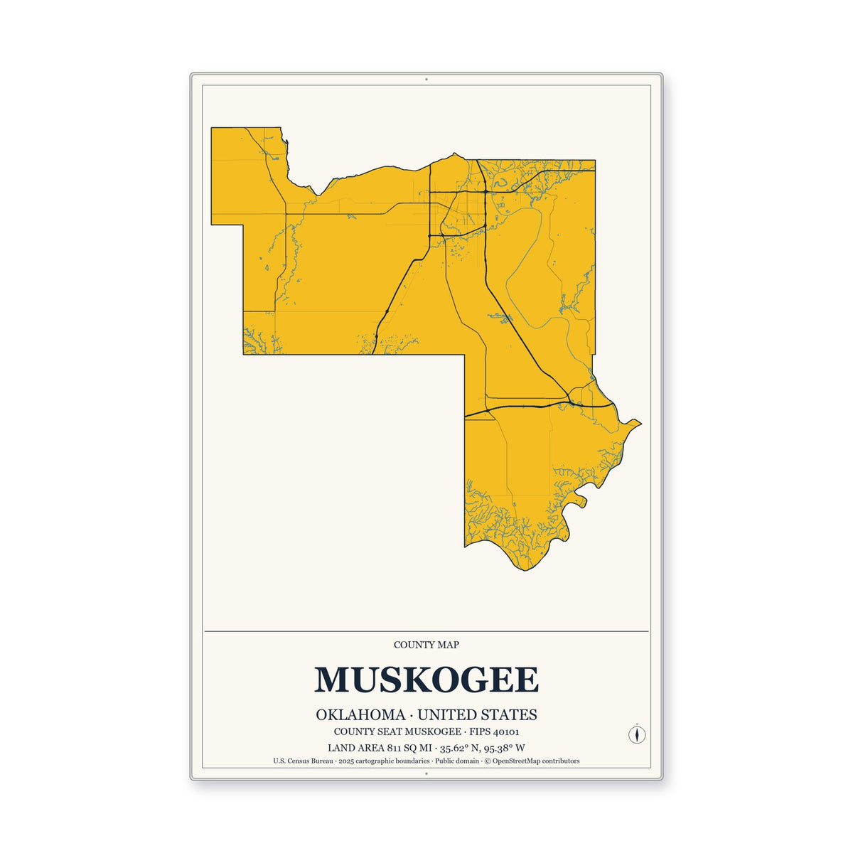Muskogee County, Oklahoma Map Aluminum Sign in Citrine Modern style