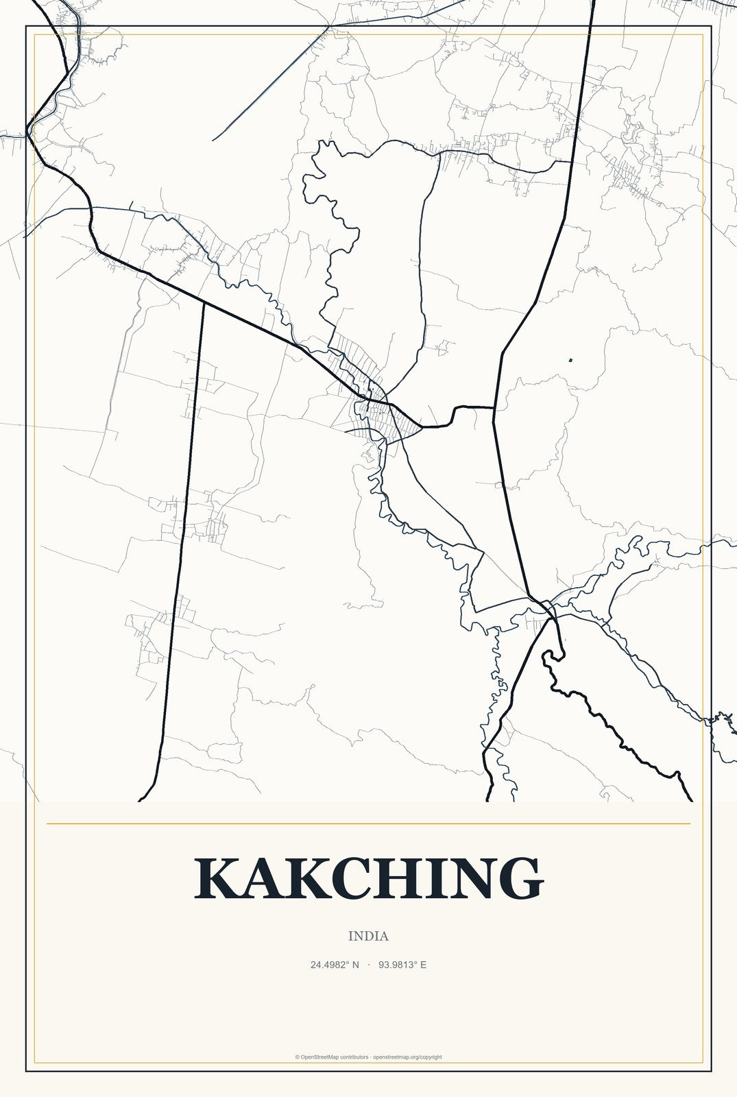 Kakching, India City Map Aluminum Sign in Citrine Modern style