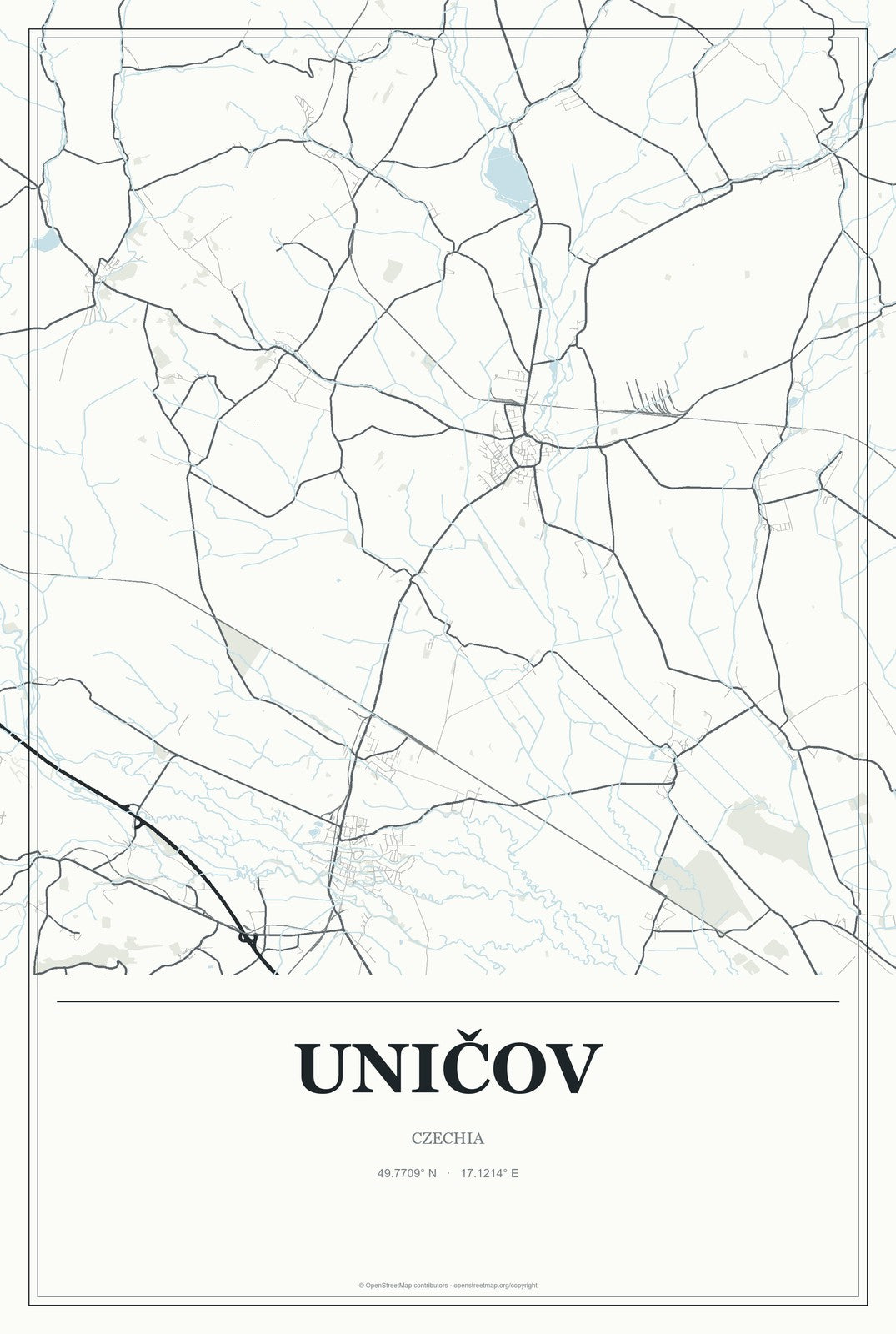 Uničov, Czechia City Map Aluminum Sign in Gallery Air style