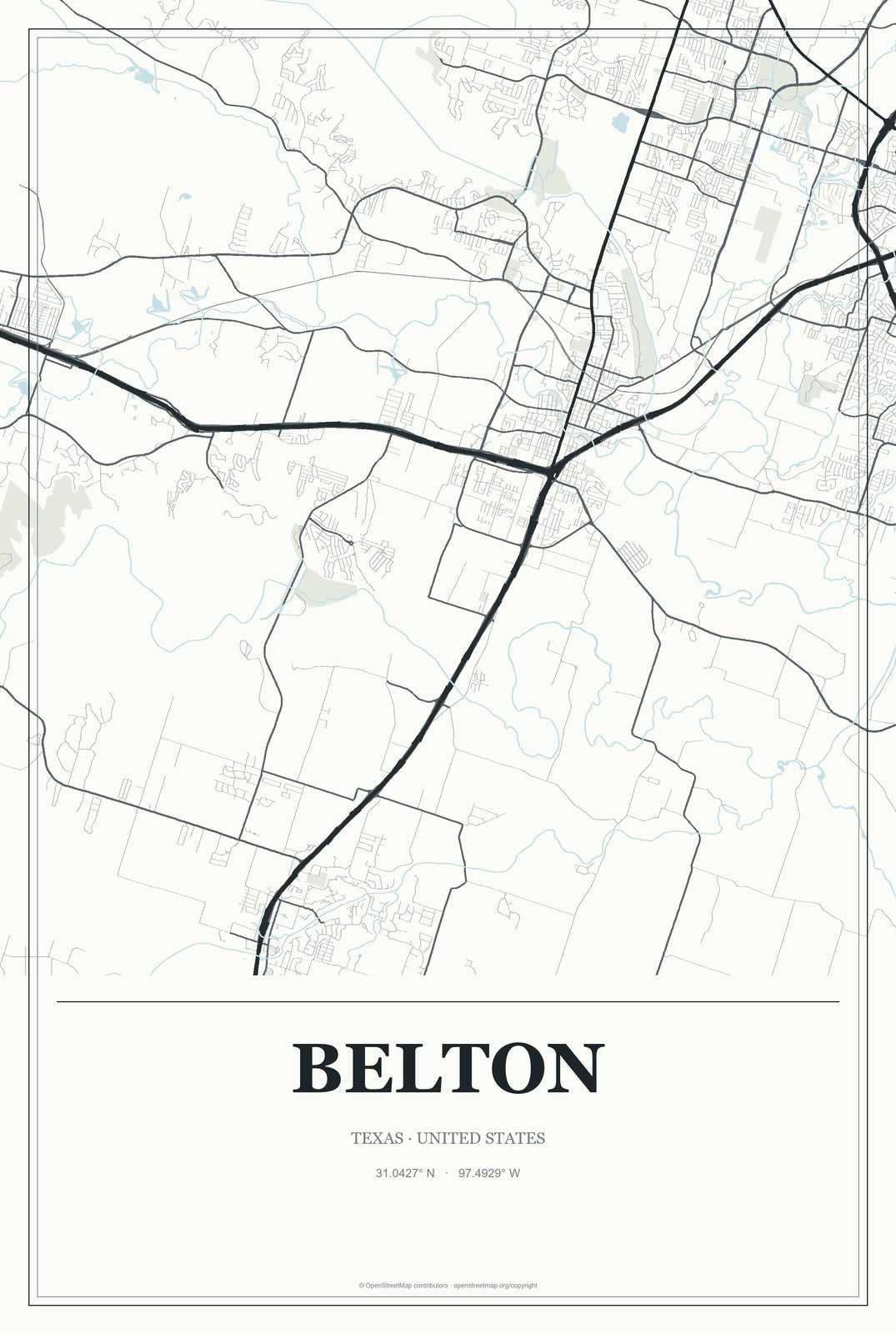 Belton, Texas City Map Aluminum Sign in Gallery Air style