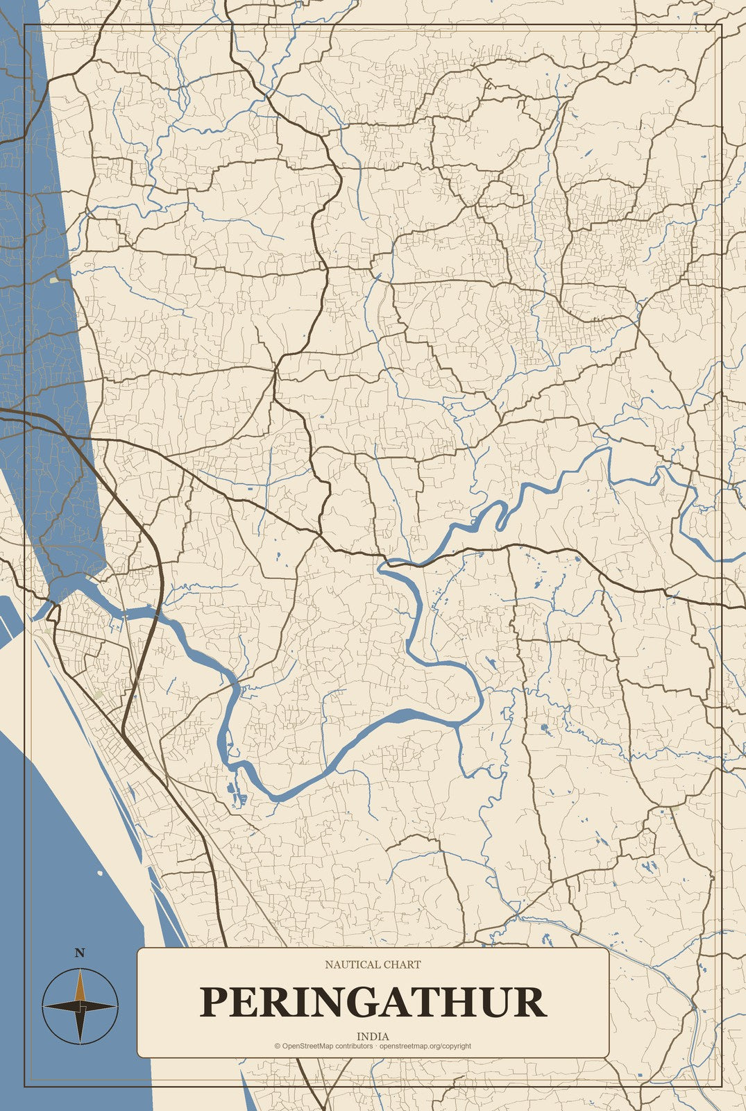 Peringathur, India City Map Aluminum Sign in Heritage Nautical style