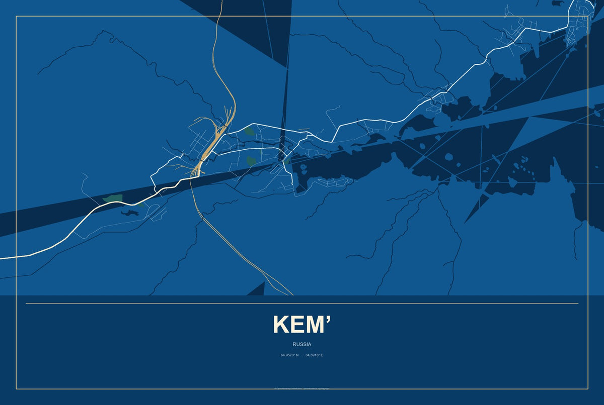 Kem’, Russia City Map Aluminum Sign in Harbor Cobalt style