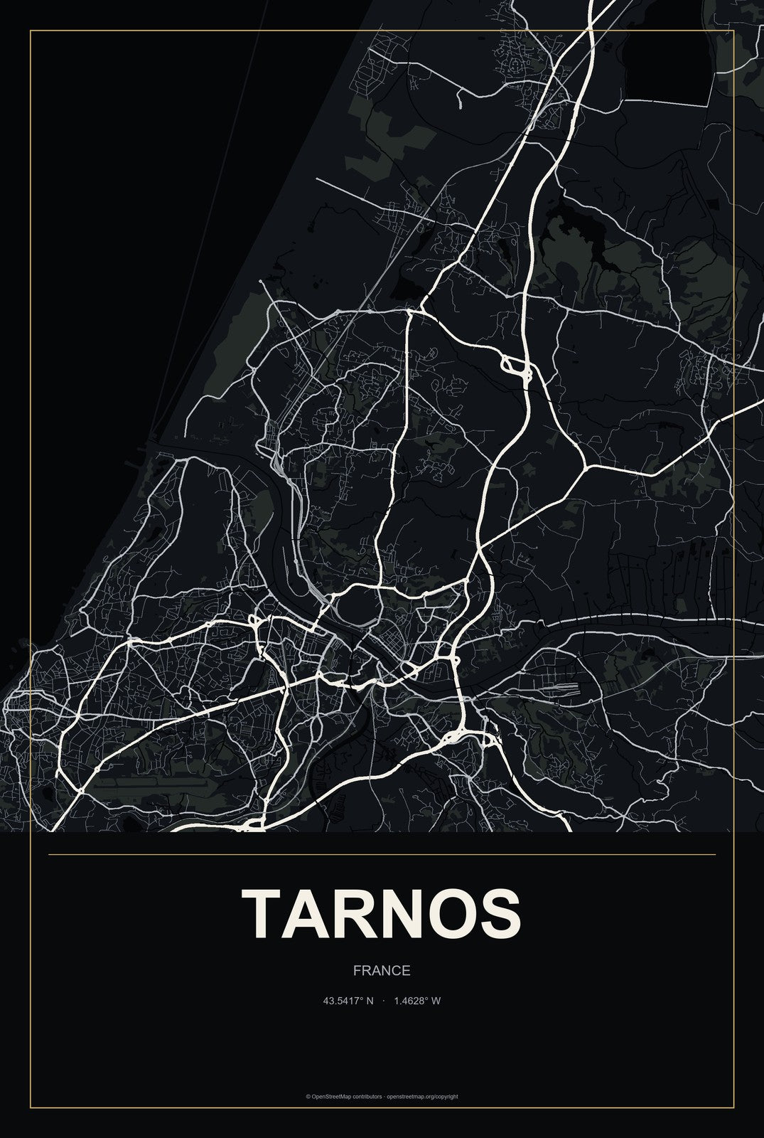 Tarnos, France City Map Aluminum Sign in Metropolitan Noir style