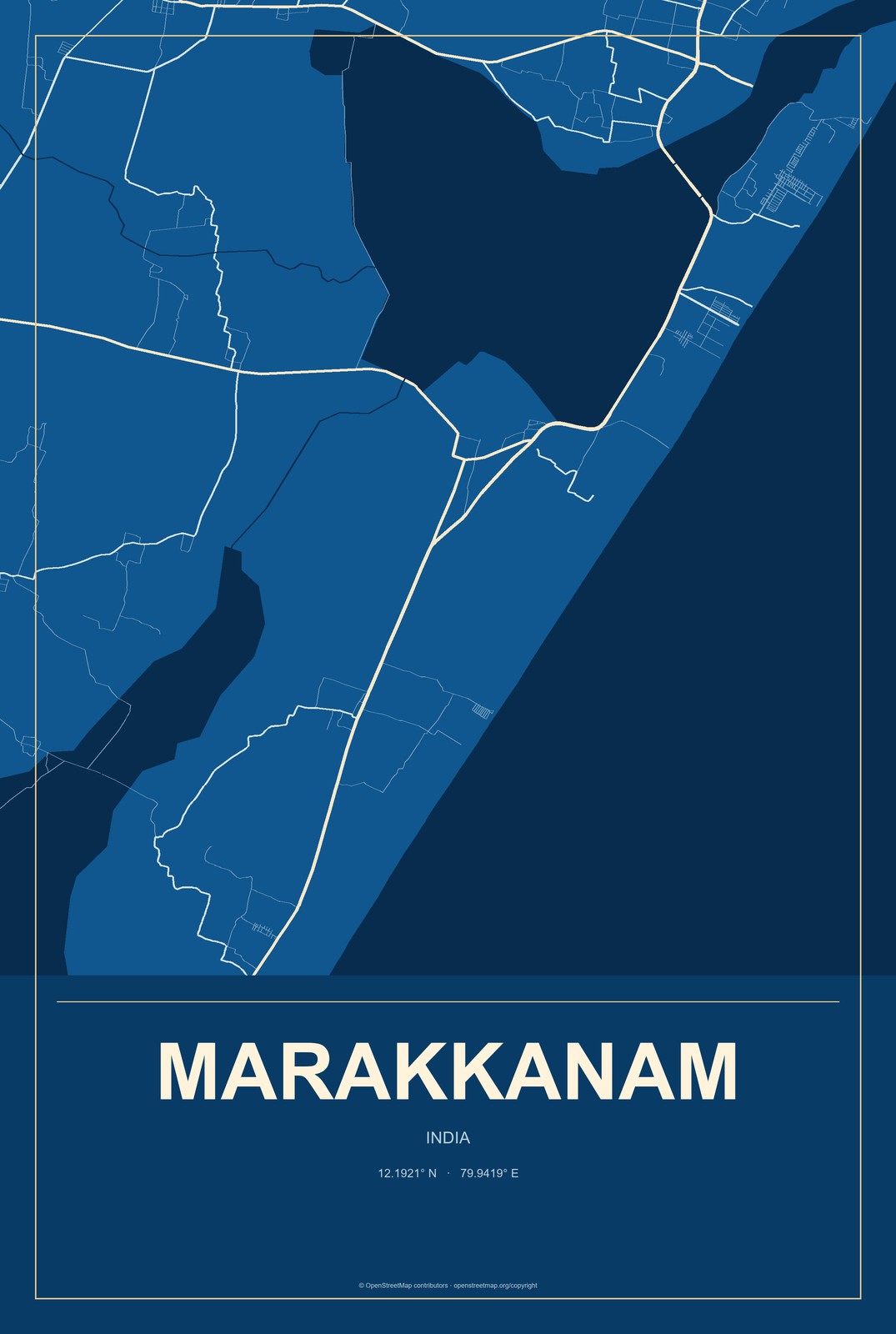 Marakkanam, India City Map Aluminum Sign in Harbor Cobalt style