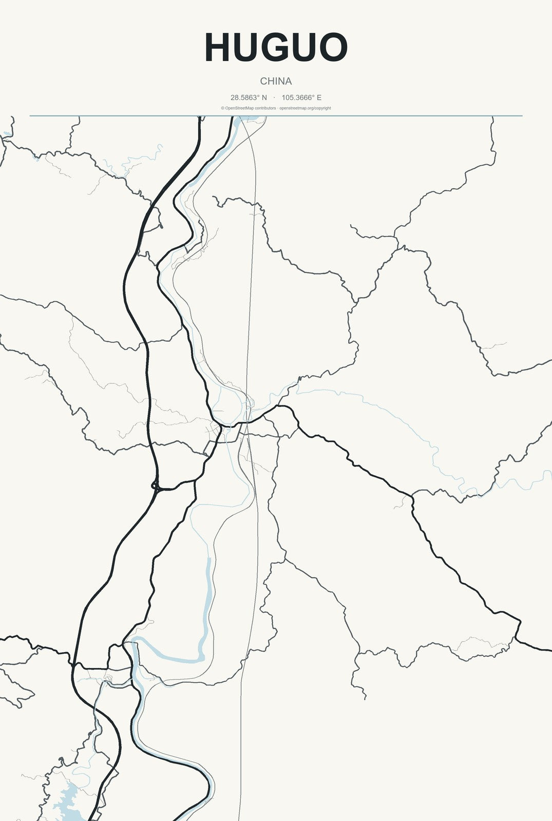 Huguo, China City Map Aluminum Sign in Headline Atlas style