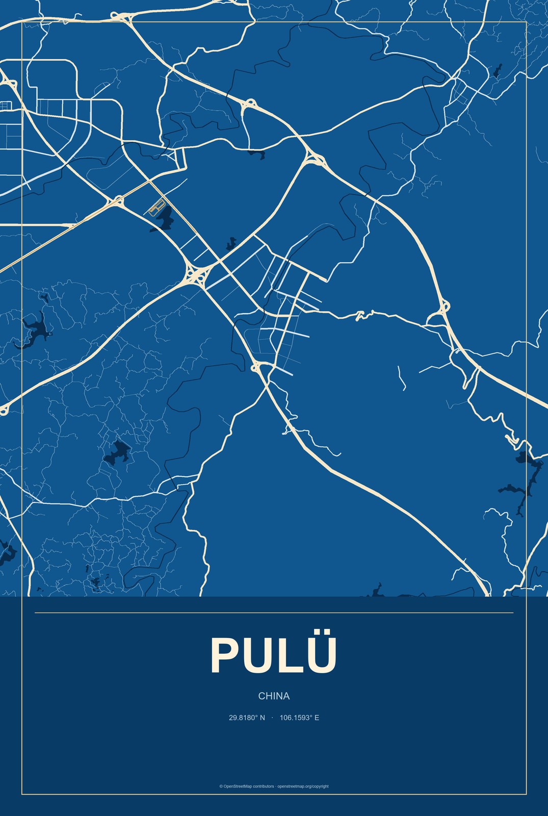 Pulü, China City Map Aluminum Sign in Harbor Cobalt style