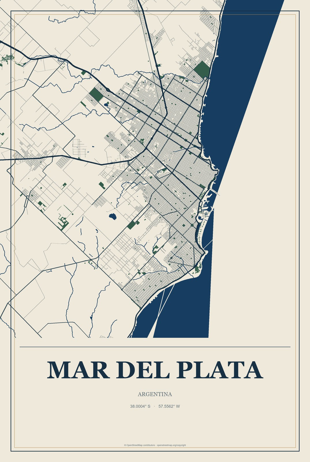 Mar del Plata, Argentina City Map Aluminum Sign in Coastal Cutout style
