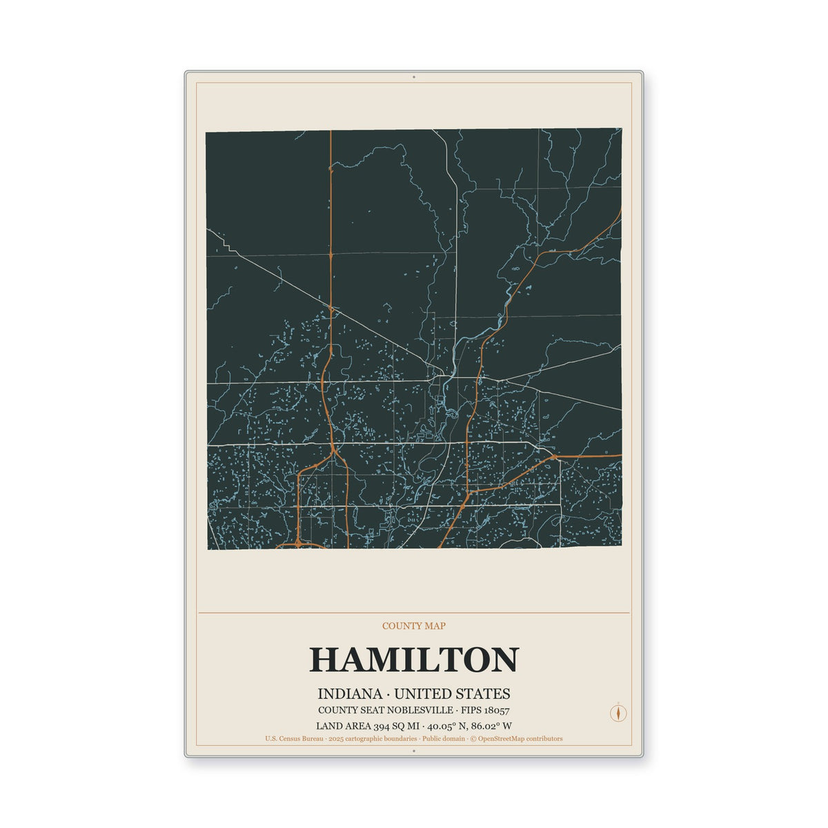 Hamilton County, Indiana Map Aluminum Sign in Headline Atlas style
