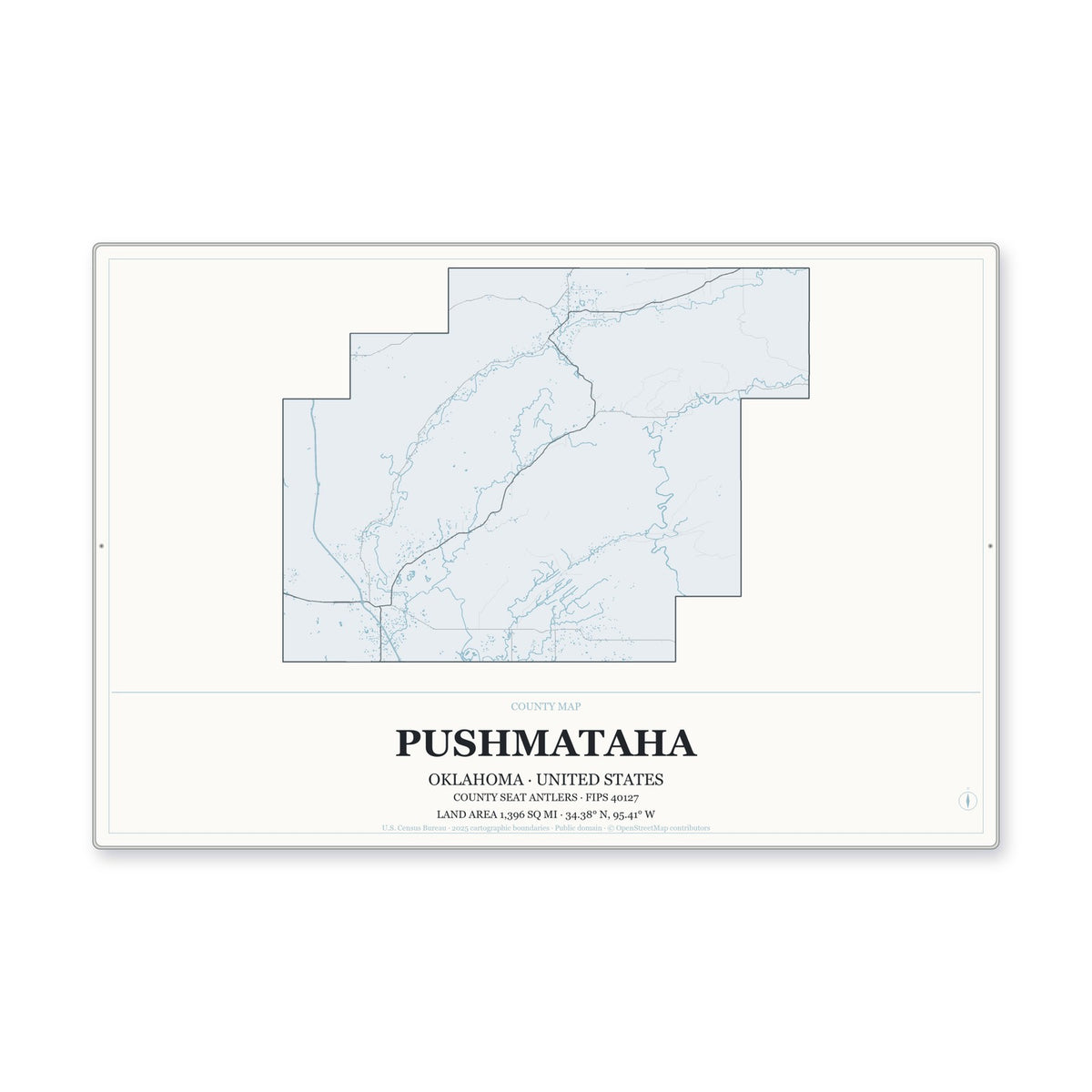Pushmataha County, Oklahoma Map Aluminum Sign in Gallery Air style