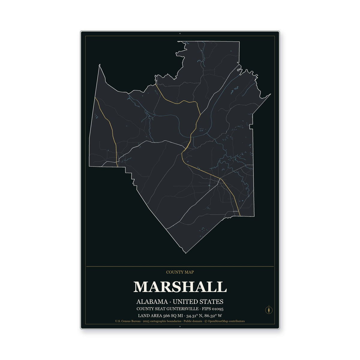 Marshall County, Alabama Map Aluminum Sign in Metropolitan Noir style
