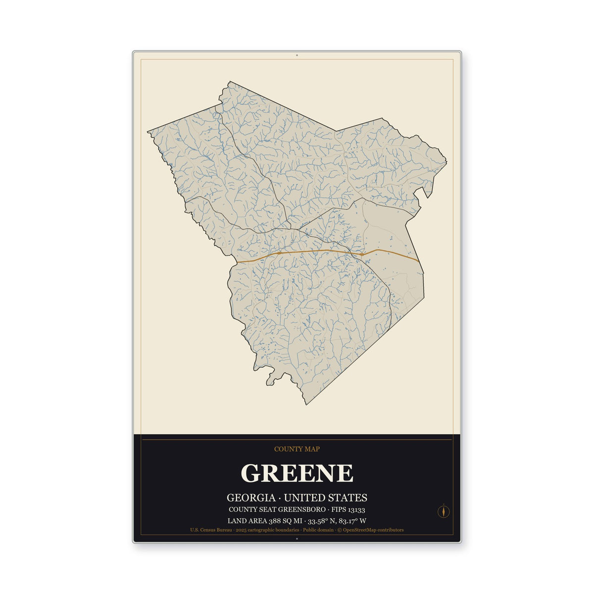 Greene County, Georgia Map Aluminum Sign in Museum Plaque style