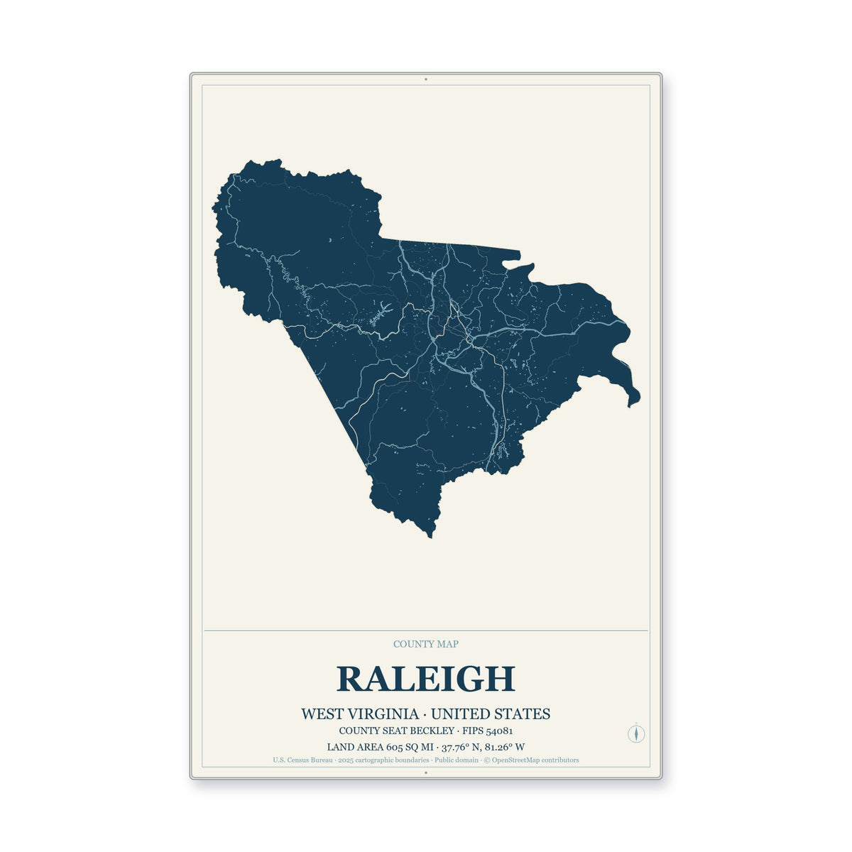 Raleigh County, West Virginia Map Aluminum Sign in Coastal Cutout style