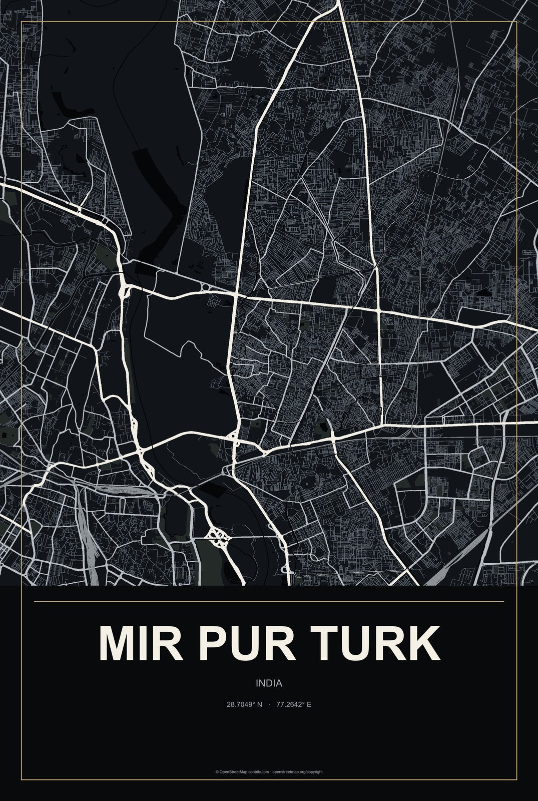 Mir Pur Turk, India City Map Aluminum Sign in Metropolitan Noir style