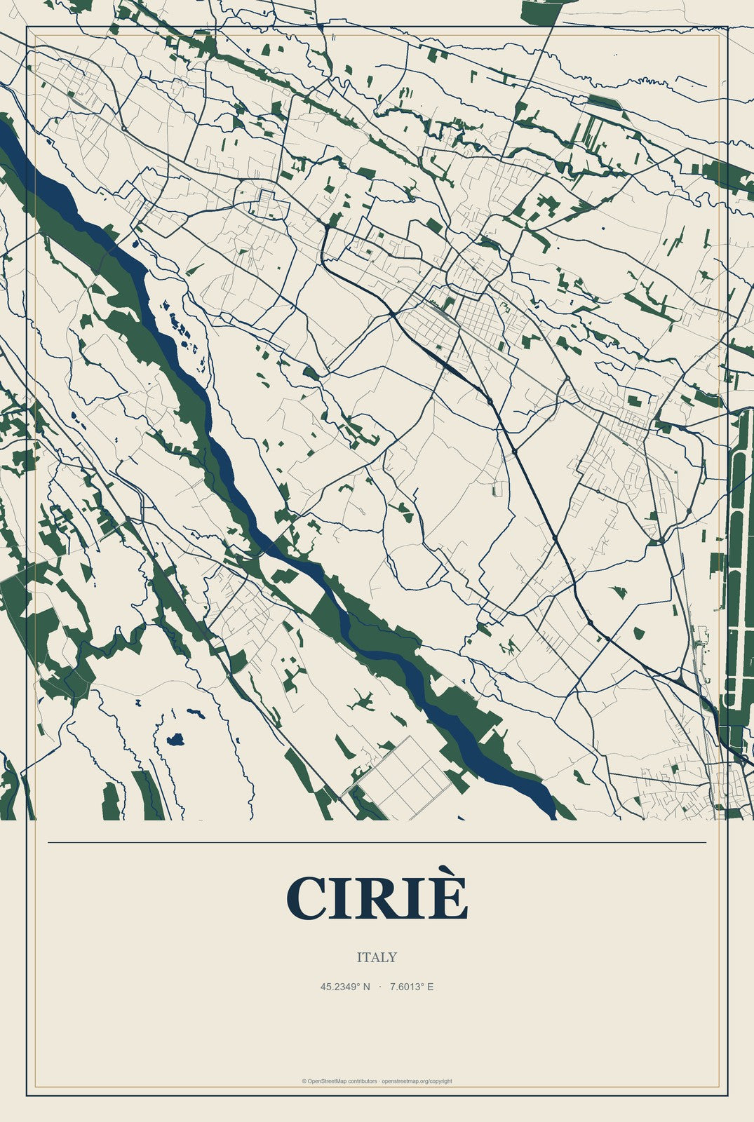 Ciriè, Italy City Map Aluminum Sign in Coastal Cutout style