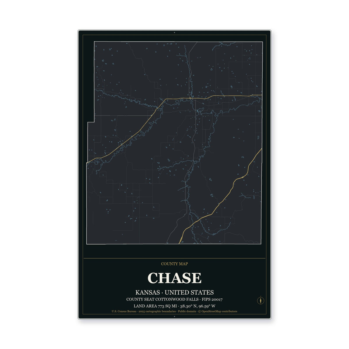 Chase County, Kansas Map Aluminum Sign in Metropolitan Noir style