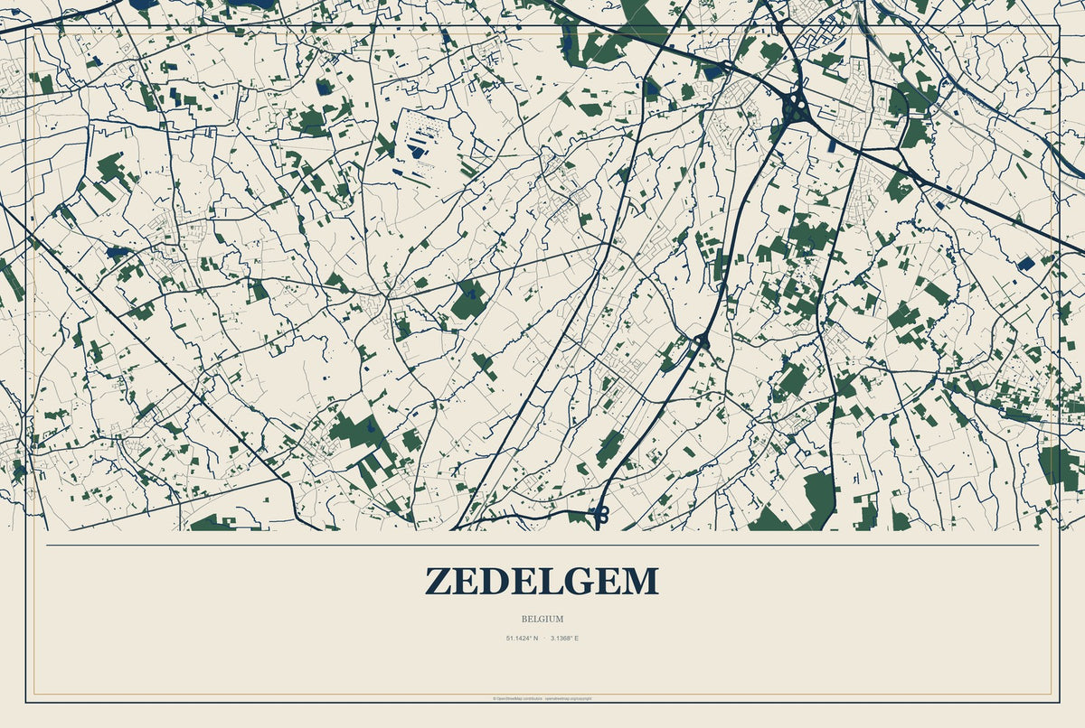 Zedelgem, Belgium City Map Aluminum Sign in Coastal Cutout style