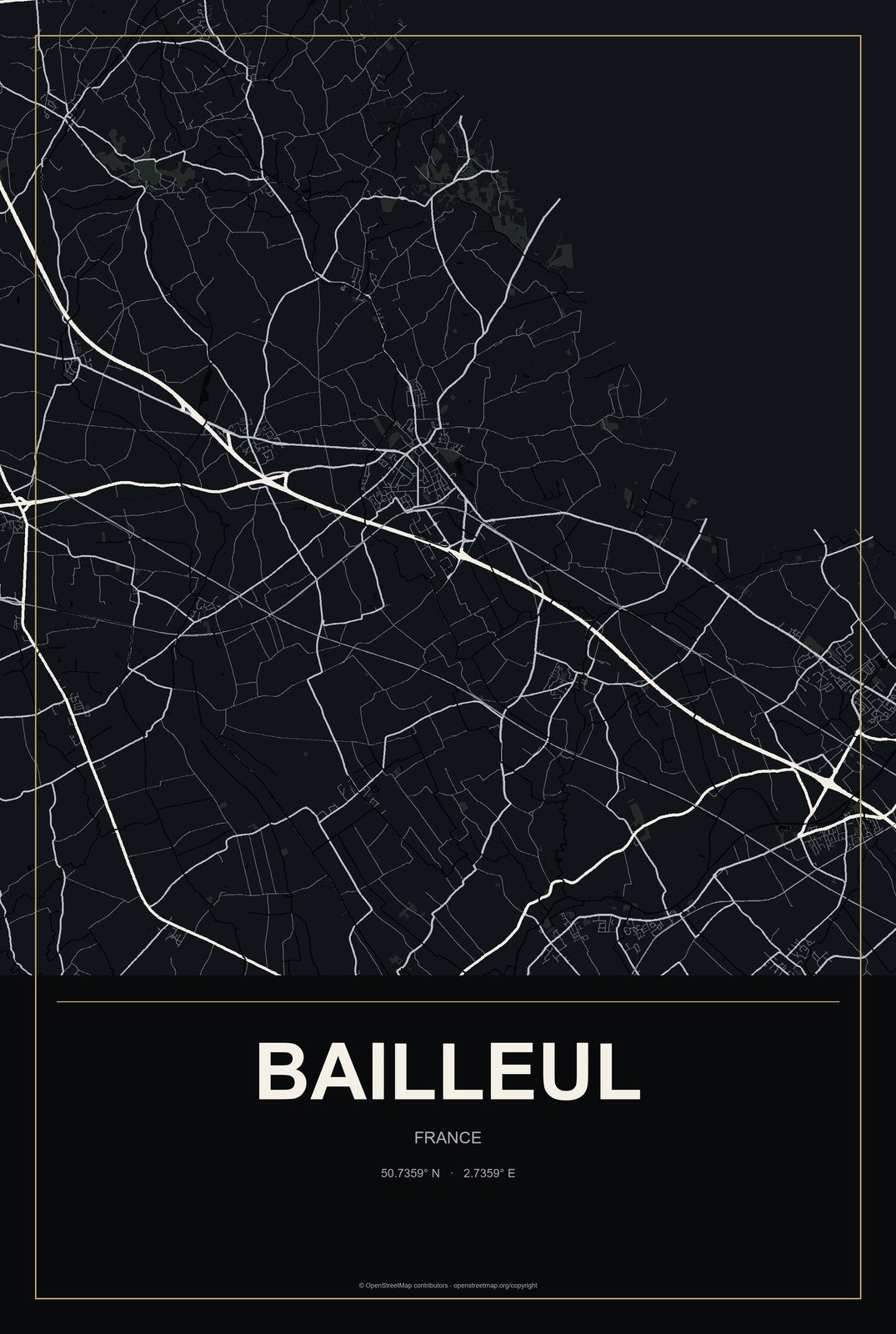 Bailleul, France City Map Aluminum Sign in Metropolitan Noir style