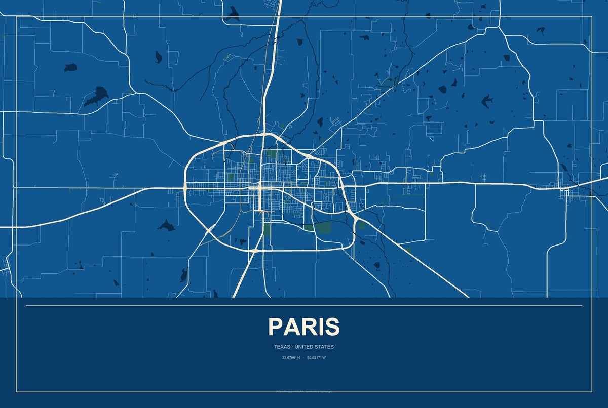Paris, Texas City Map Aluminum Sign in Harbor Cobalt style