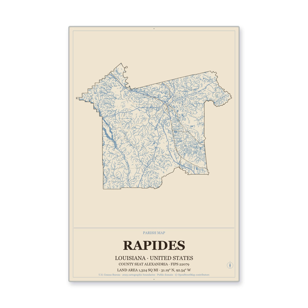 Rapides Parish, Louisiana Map Aluminum Sign in Heritage Nautical style