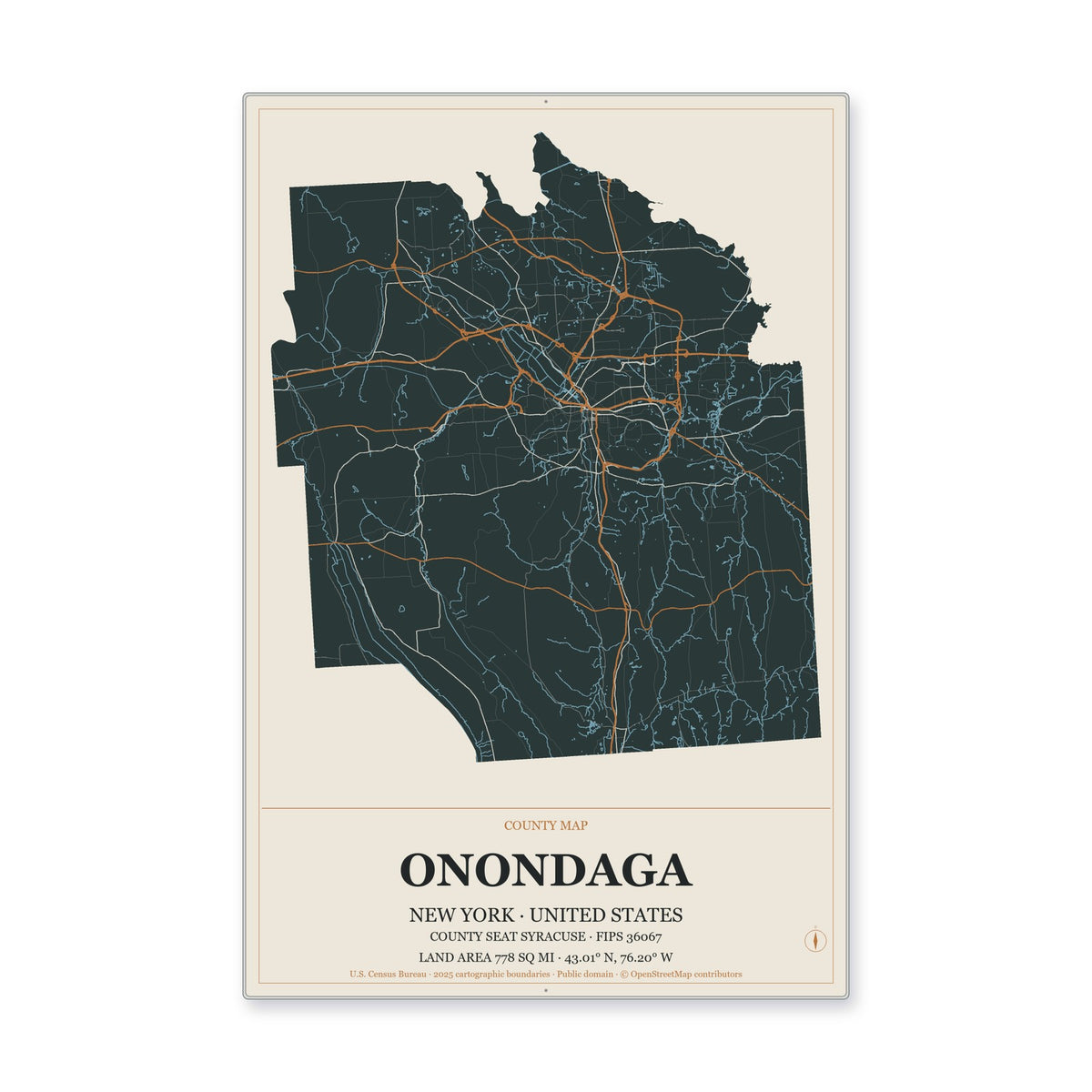 Onondaga County, New York Map Aluminum Sign in Headline Atlas style