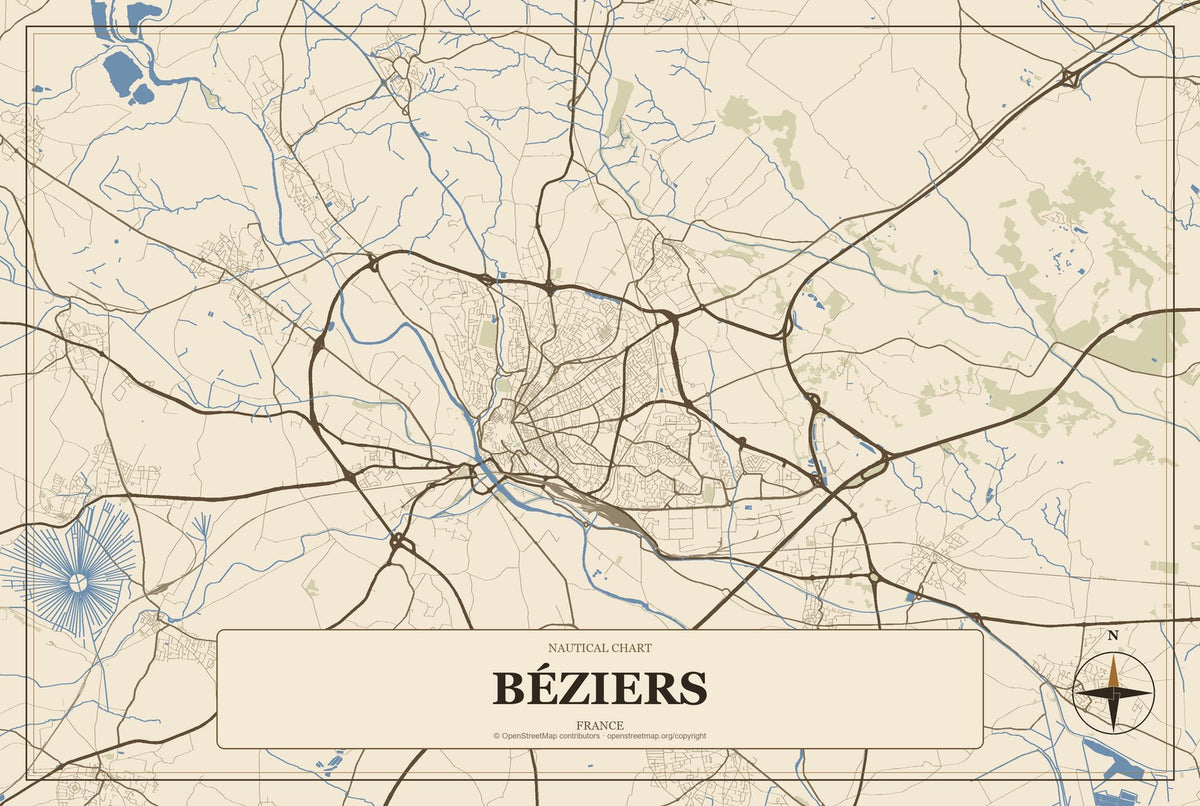 Béziers, France City Map Aluminum Sign in Heritage Nautical style