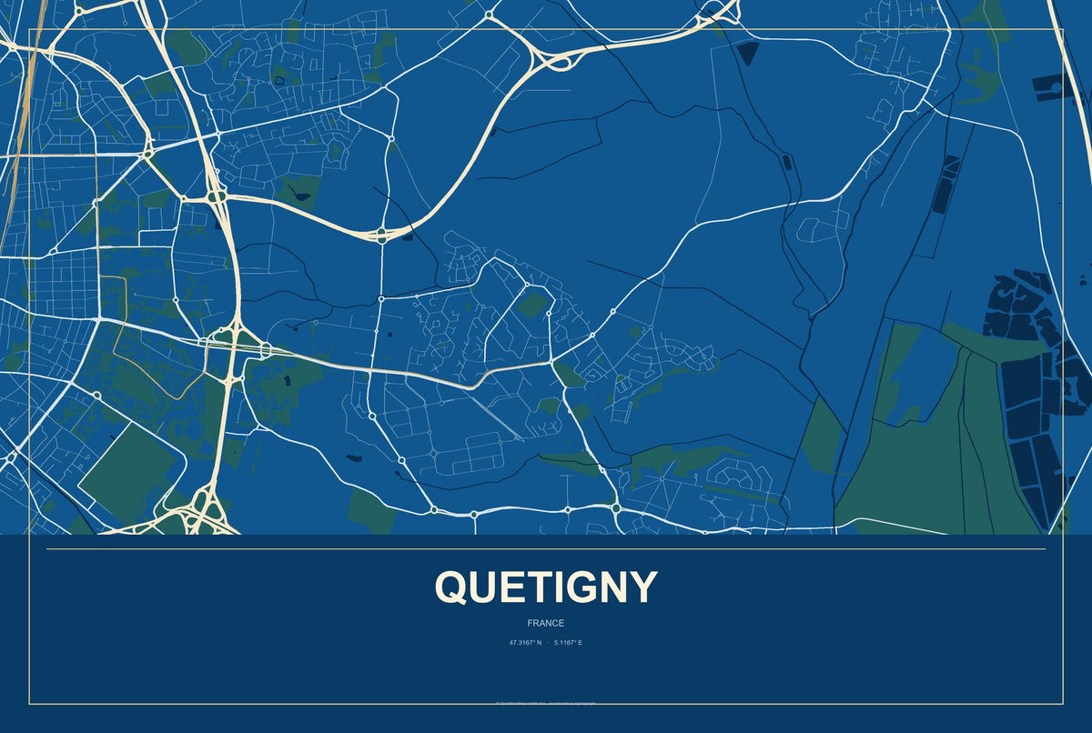 Quetigny, France City Map Aluminum Sign in Harbor Cobalt style