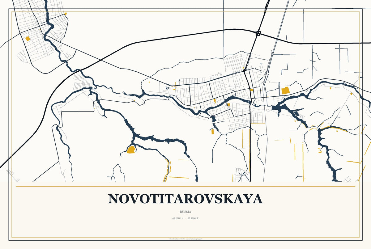 Novotitarovskaya, Russia City Map Aluminum Sign in Citrine Modern style