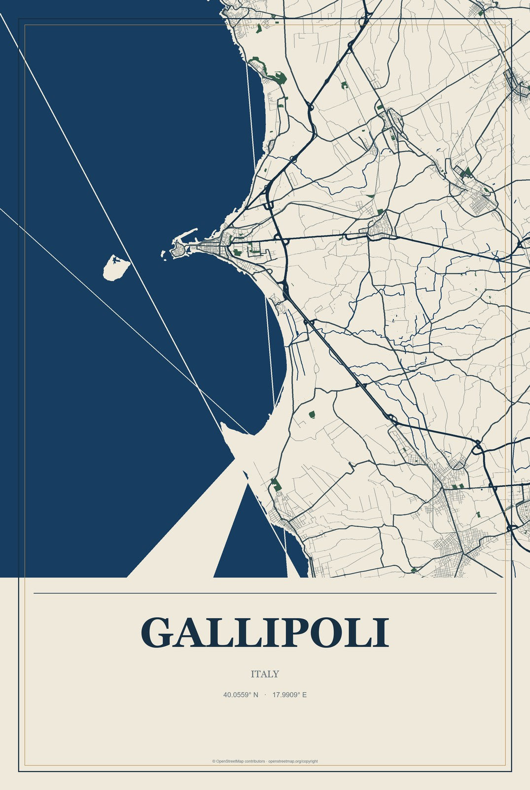 Gallipoli, Italy City Map Aluminum Sign in Coastal Cutout style