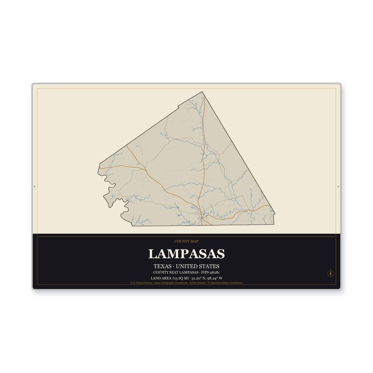 Lampasas County, Texas Map Aluminum Sign in Museum Plaque style