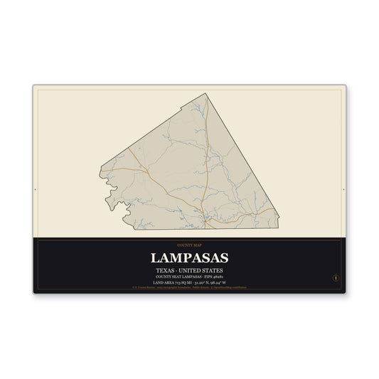 Lampasas County, Texas Map Aluminum Sign in Museum Plaque style