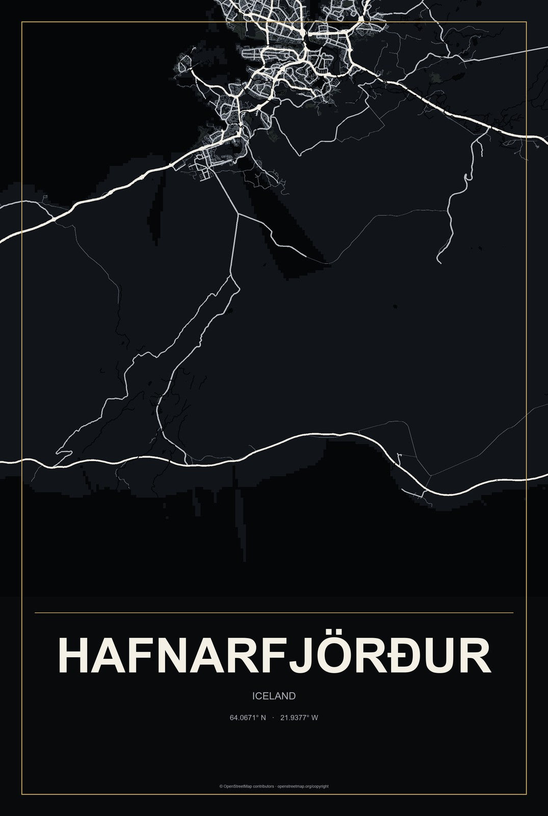 Hafnarfjörður, Iceland City Map Aluminum Sign in Metropolitan Noir style