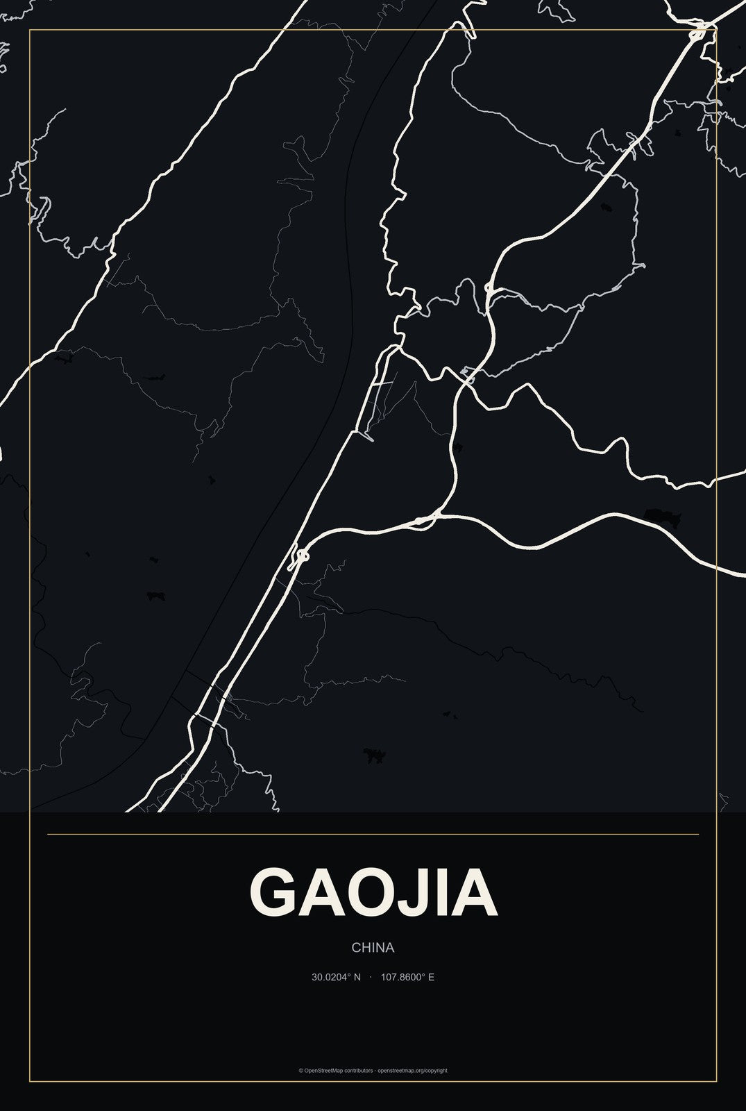 Gaojia, China City Map Aluminum Sign in Metropolitan Noir style